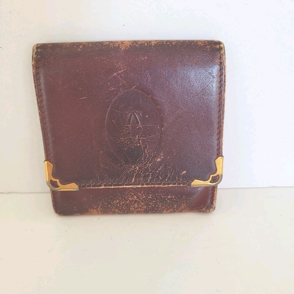 Cartier Vintage Mini Coin Holder Pouch Wallet Bordeaux Leather Small Red Fair
